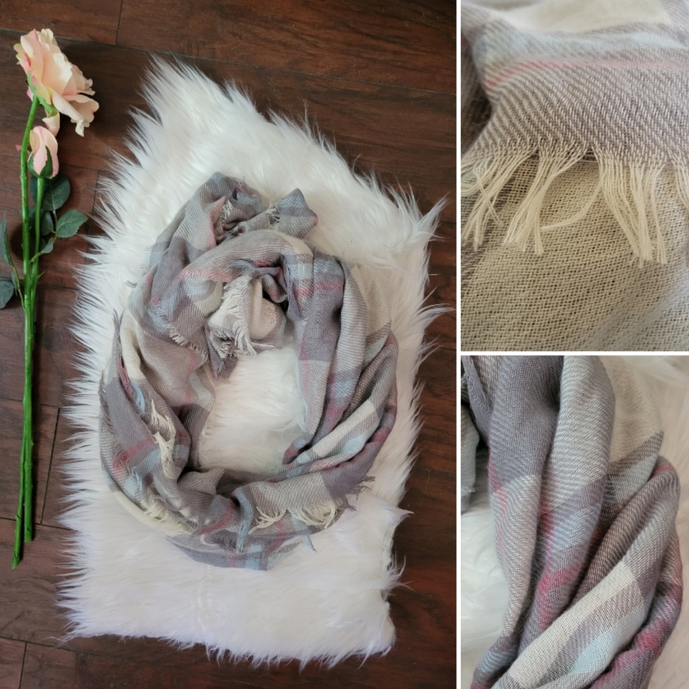 Pastel plaid scarf, 60" large shawl style with fringe - Picture 1 of 8
